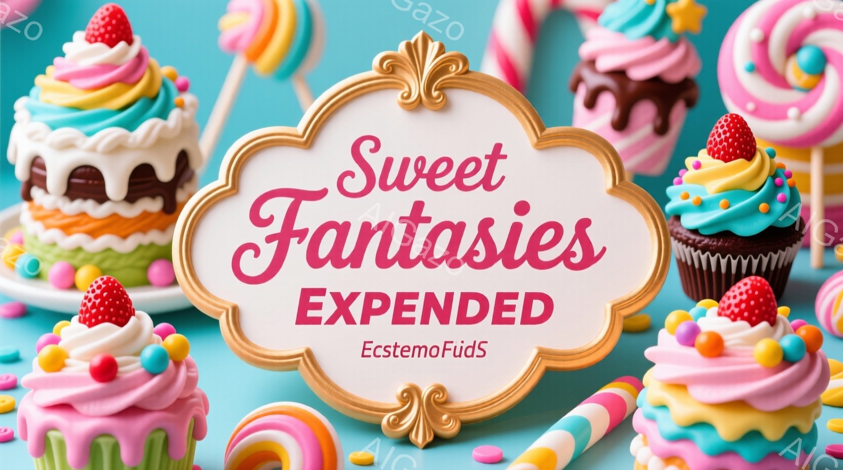 カラフルなカップケーキとキャンディが、明るいピンク色の背景に並べられています。クリームは渦巻き状にデコレーションされ、赤いベリーやカラフルなスプリンクルが飾られています。全体的に甘くて楽しい、お菓子の - AI生成フリー素材