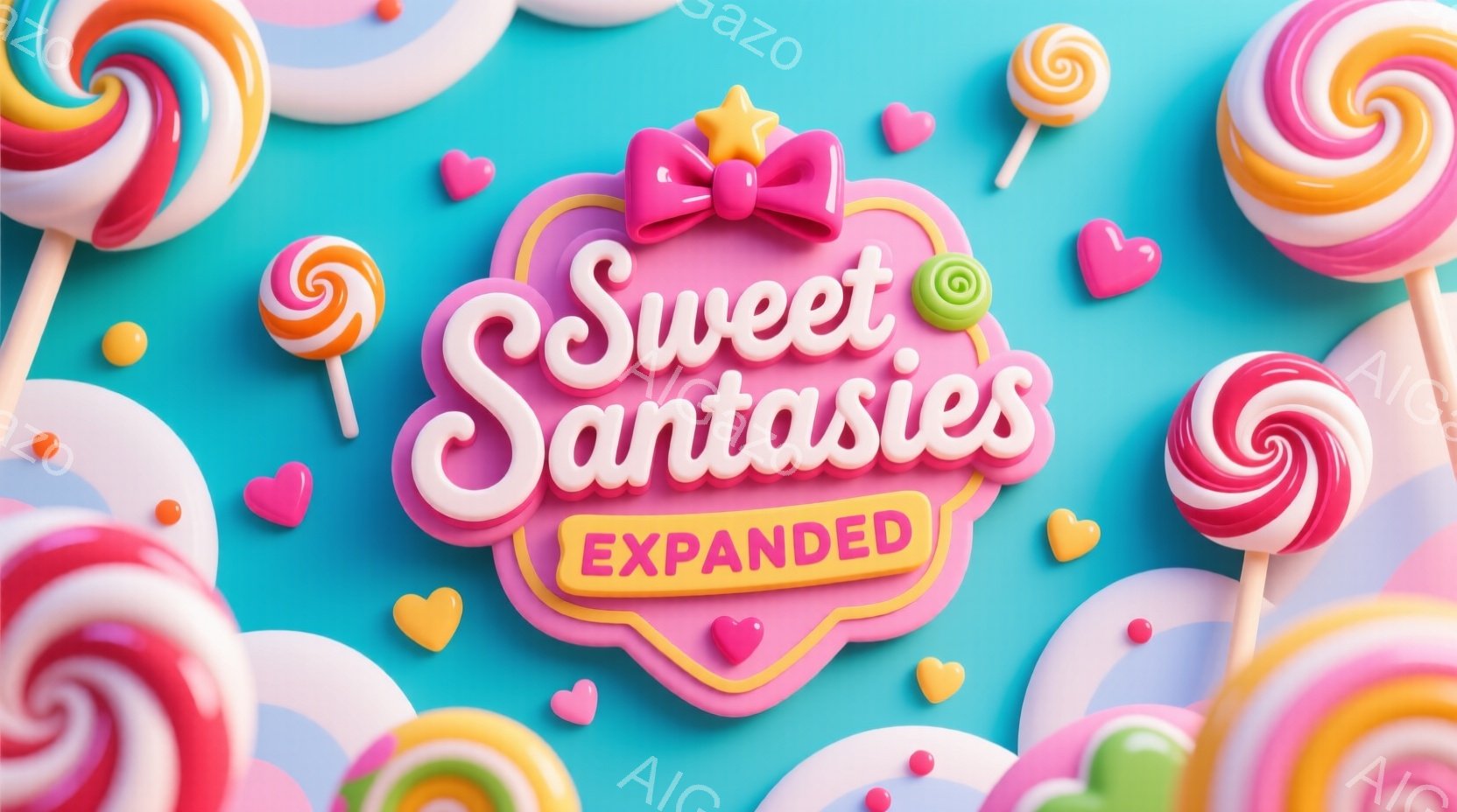 明るいパステルピンクの背景に、大きなキャンディが所々に配置されており、まるで夢のような甘い世界が広がっています。キャンディは渦巻き状で、赤、ピンク、白、黄色のカラフルな色合いが特徴的で、ところどころにハート型の装飾が散りばめられています。全体的に、明るく陽気で、子供のような遊び心に満ちた雰囲気が漂っています。