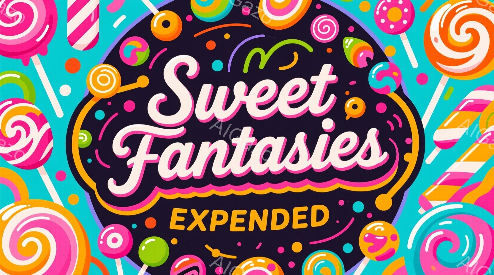 カラフルなキャンディーや棒付きキャンディーが背景全体に散りばめられた、明るくポップなイラストです。ピンク色の「Sweet Fantasies」という文字が中央に大きく配置され、遊び心に満ちた雰囲気を作り出しています。全体的に甘く、夢のようなお菓子の世界を表現しており、鮮やかな色彩が目を引きます。