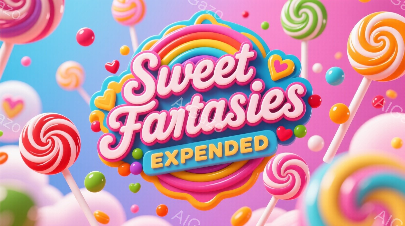 カラフルなキャンディが背景全体に散りばめられ、渦巻き状の赤と白、ピンクと白のキャンディが特に目立ちます。グミのようなキャンディも点在し、明るく甘い雰囲気を醸し出しています。全体的にパステルカラーで統一 - AI生成フリー素材