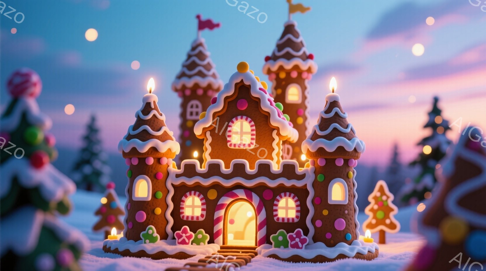 砂糖菓子でできたお城が雪景色の中に建っており、周囲にはクリスマスツリーが点在しています。お城はアイシングで装飾され、キャンディケーンの模様やカラフルな飾り付けが特徴的で、まるで絵本の世界のようです。背 - AI生成フリー素材