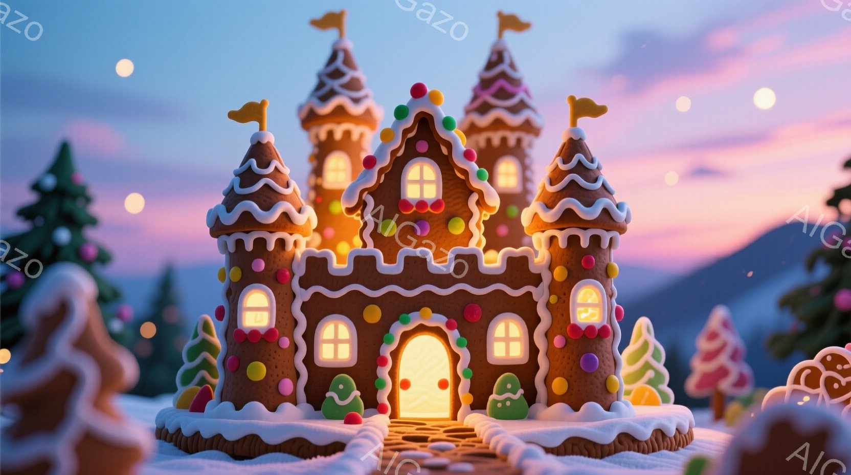 暖かく光るお菓子の城が、雪景色の中に建っています。城はジンジャーブレッドで作られているようで、カラフルなキャンディやアイシングで飾られ、丸い塔には雪が積もっています。背景には、雪に覆われた山々と、淡い - AI生成フリー素材