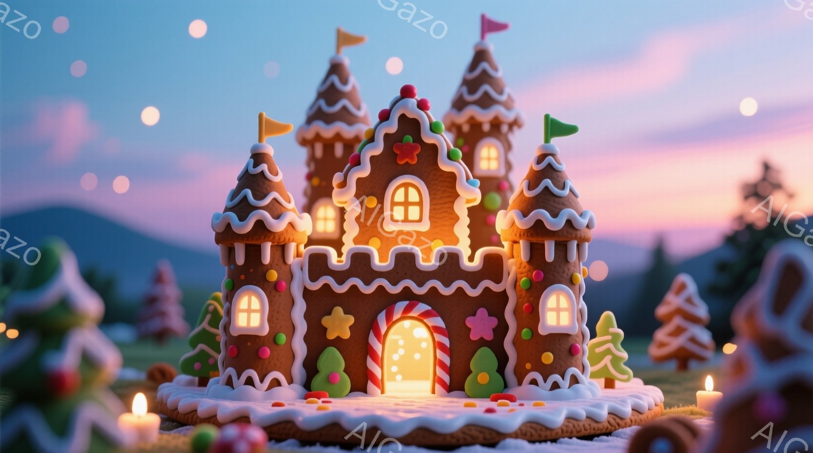 ジンジャーブレッドで作られたお城が、雪の積もった緑の丘の上に建っています。お城は明るい光を放ち、キャンディケーンのアーチやカラフルなクッキーで飾られており、周囲には小さなクリスマスツリーやロウソクが置 - AI生成フリー素材