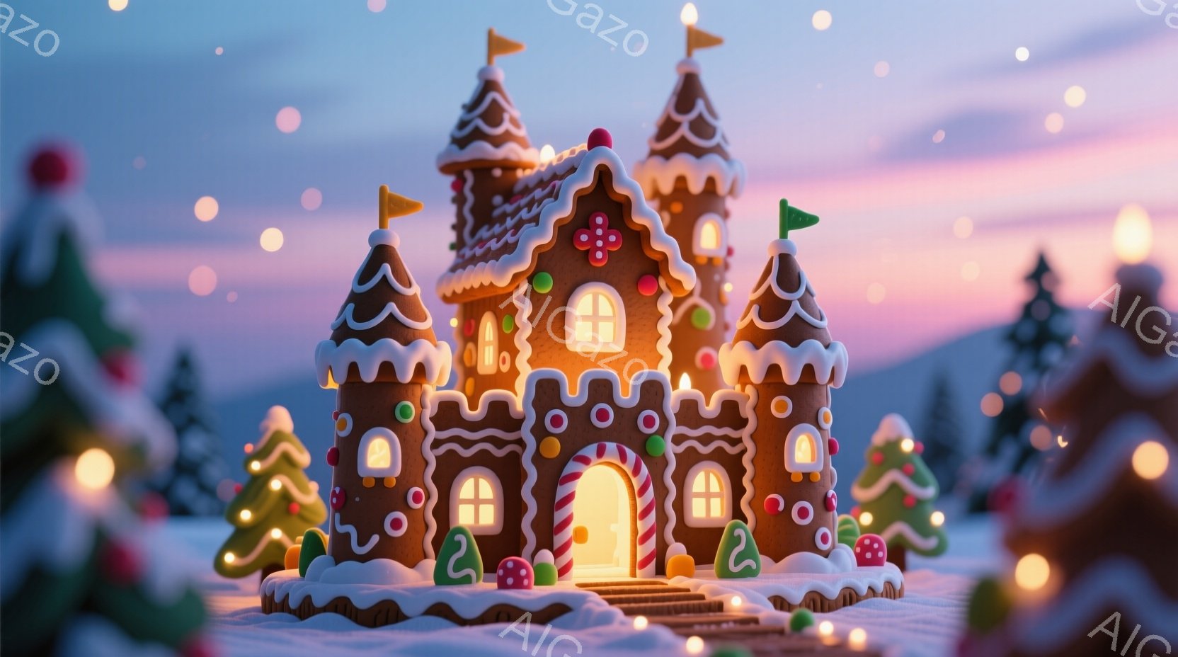 雪景色の中に、お菓子で作られたお城のような家が建っています。屋根は白いクリームで覆われ、カラフルなキャンディやクッキーで飾られ、温かい光が窓から漏れています。背景には、雪をまとったクリスマスツリーが並 - AI生成フリー素材