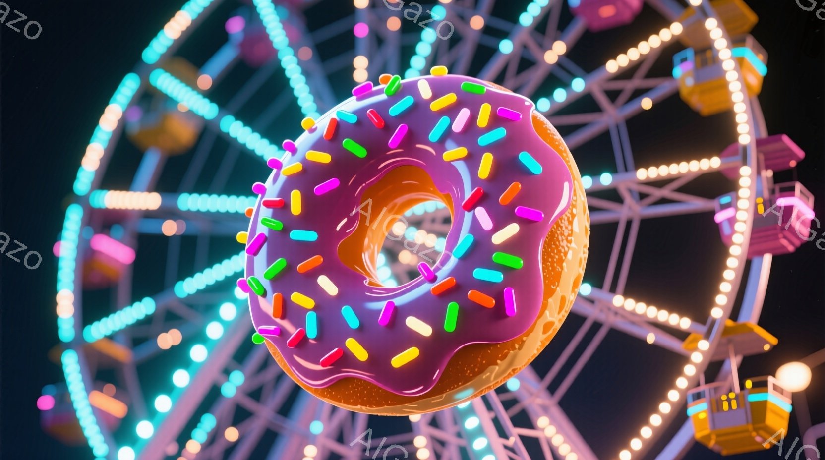 鮮やかなピンク色のアイシングがかかったドーナツが、遊園地の観覧車を背景に大きく浮かび上がっています。観覧車は様々な色のライトで装飾されており、夜空に輝いています。ドーナツのアイシングにはカラフルなスプ - AI生成フリー素材
