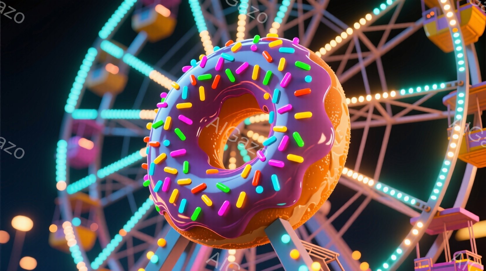 鮮やかなピンク色のアイシングとカラフルなスプリンクルが施された大きなドーナツが、遊園地の観覧車を背景に浮かび上がっています。観覧車はネオンライトで照らされ、夜空に輝き、遊び心溢れる雰囲気を醸し出してい - AI生成フリー素材