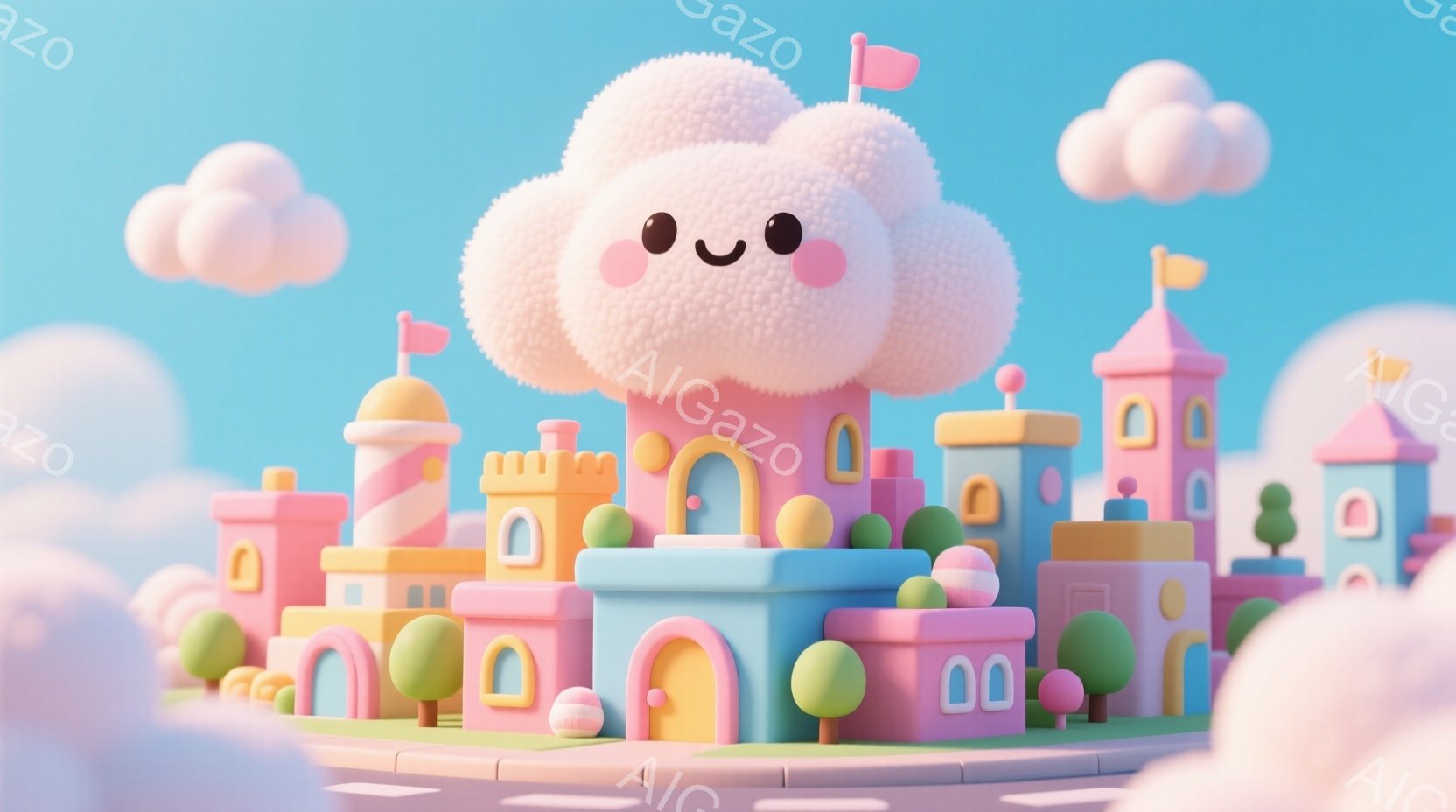 鮮やかなピンクと水色の建物が並ぶ、ファンタジックな街並みです。雲のようなふわふわした白い物体が街の上空に浮かび、可愛らしい表情をしています。背景は明るい青空で、他の白い雲も点在しており、全体的に夢のよ - AI生成フリー素材