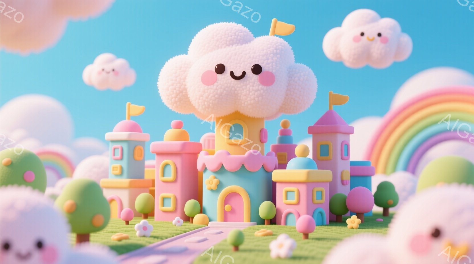 雲のような形をした可愛らしい建物群が、緑の丘の上に建っています。パステルピンクやオレンジ、水色の建物は、丸みを帯びたフォルムで、まるでキャンディのような優しい印象を与えます。背景には虹がかかり、ふわふ - AI生成フリー素材