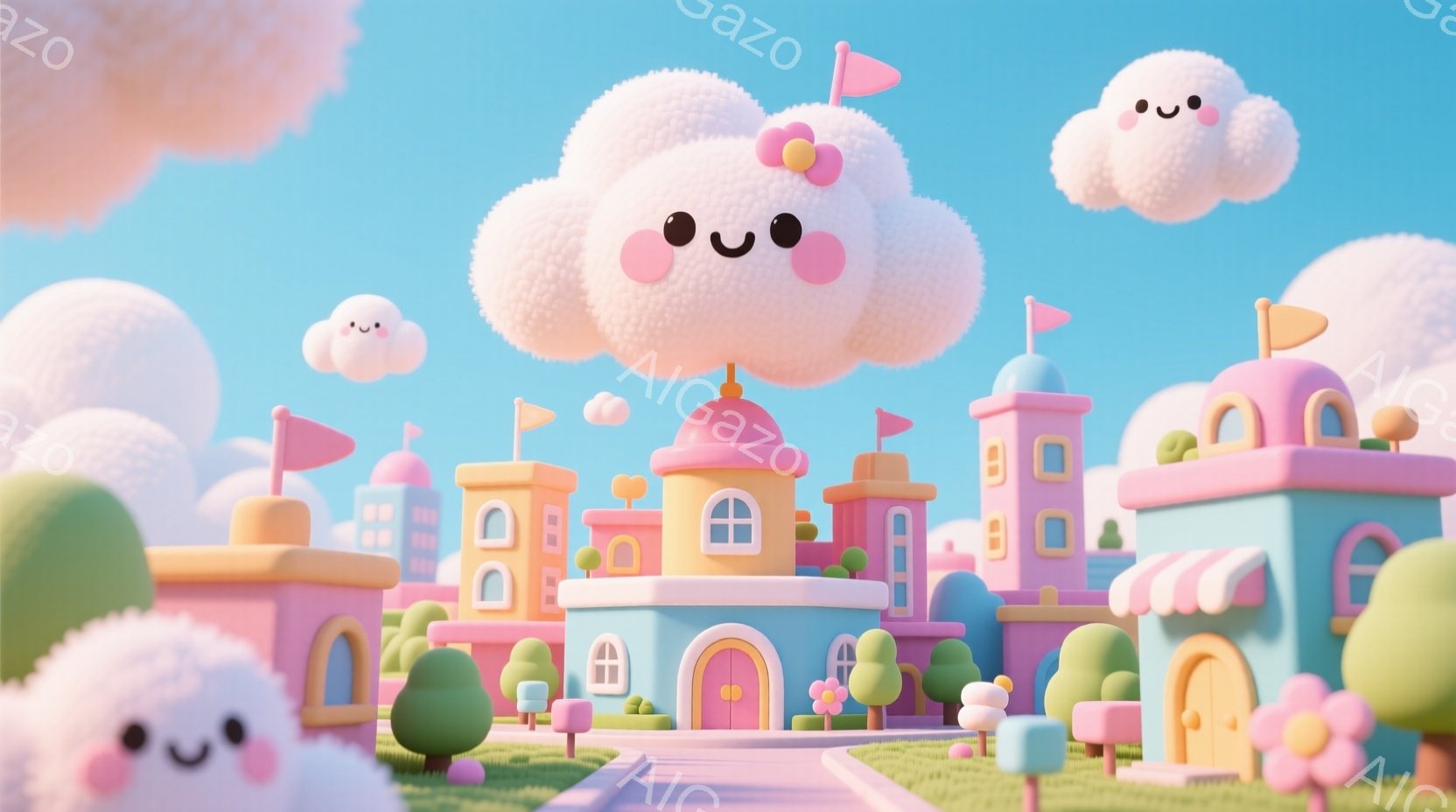パステルカラーの可愛らしい街並みが広がり、雲のような形をしたキャラクターが空に浮かんでいます。建物はすべて丸みを帯びた形をしており、ピンク、水色、黄色などの優しい色調で統一されています。全体的に柔らか - AI生成フリー素材