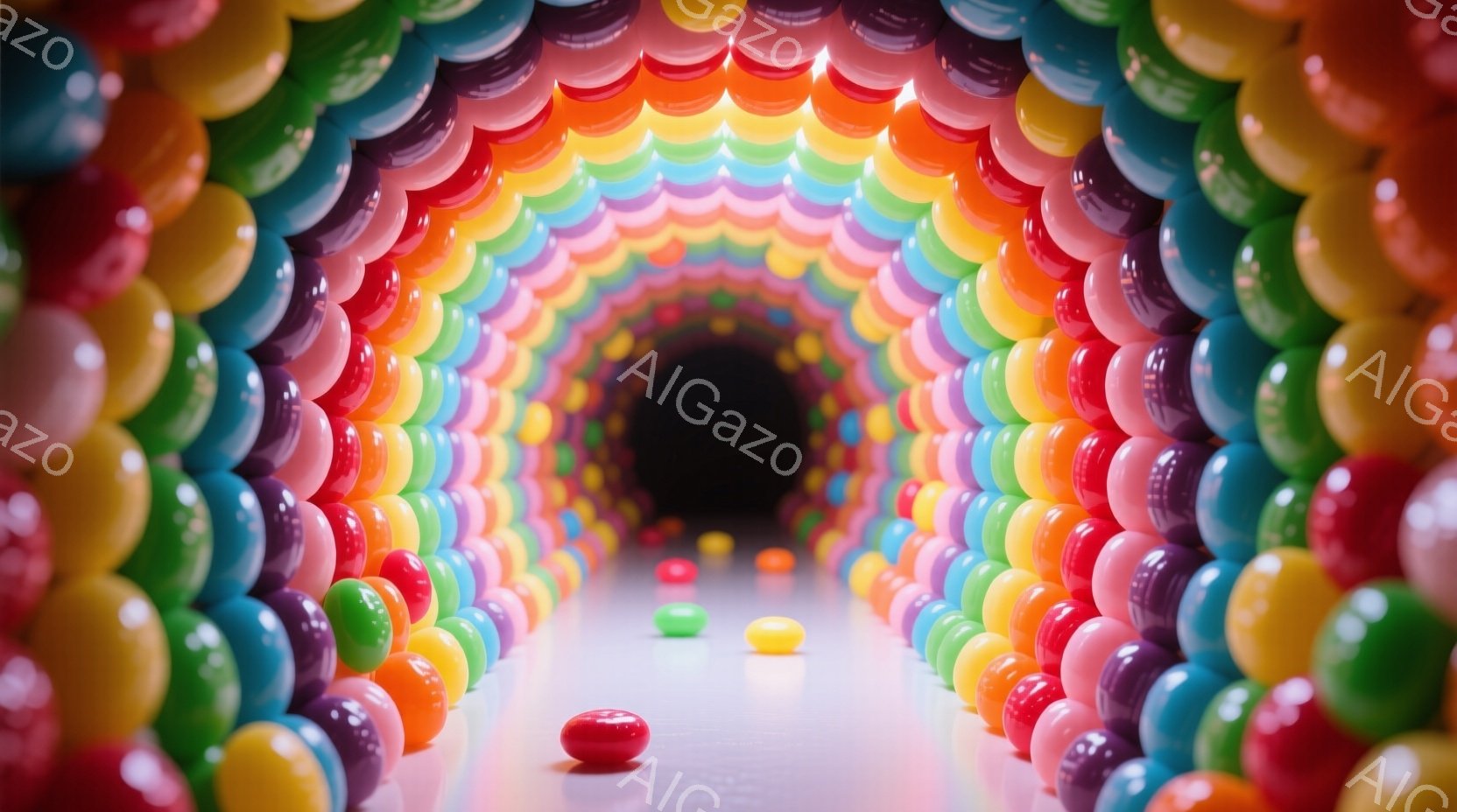 カラフルなジェリービーンズで作られたトンネルが印象的な画像です。ジェリービーンズは虹色に並び、床にも数個落ちています。トンネルの奥は暗く、まるで別世界への入り口のようです。