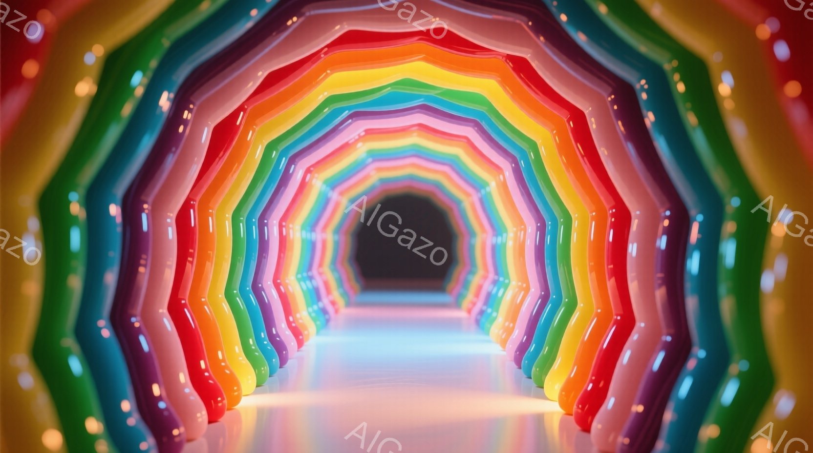 虹色の光のトンネルが印象的な画像です。壁は赤、オレンジ、黄、緑、青、紫と鮮やかな色で構成され、まるで万華鏡の中にいるような感覚を覚えます。奥には暗闇が広がり、光と影のコントラストが幻想的な雰囲気を醸し出しています。
