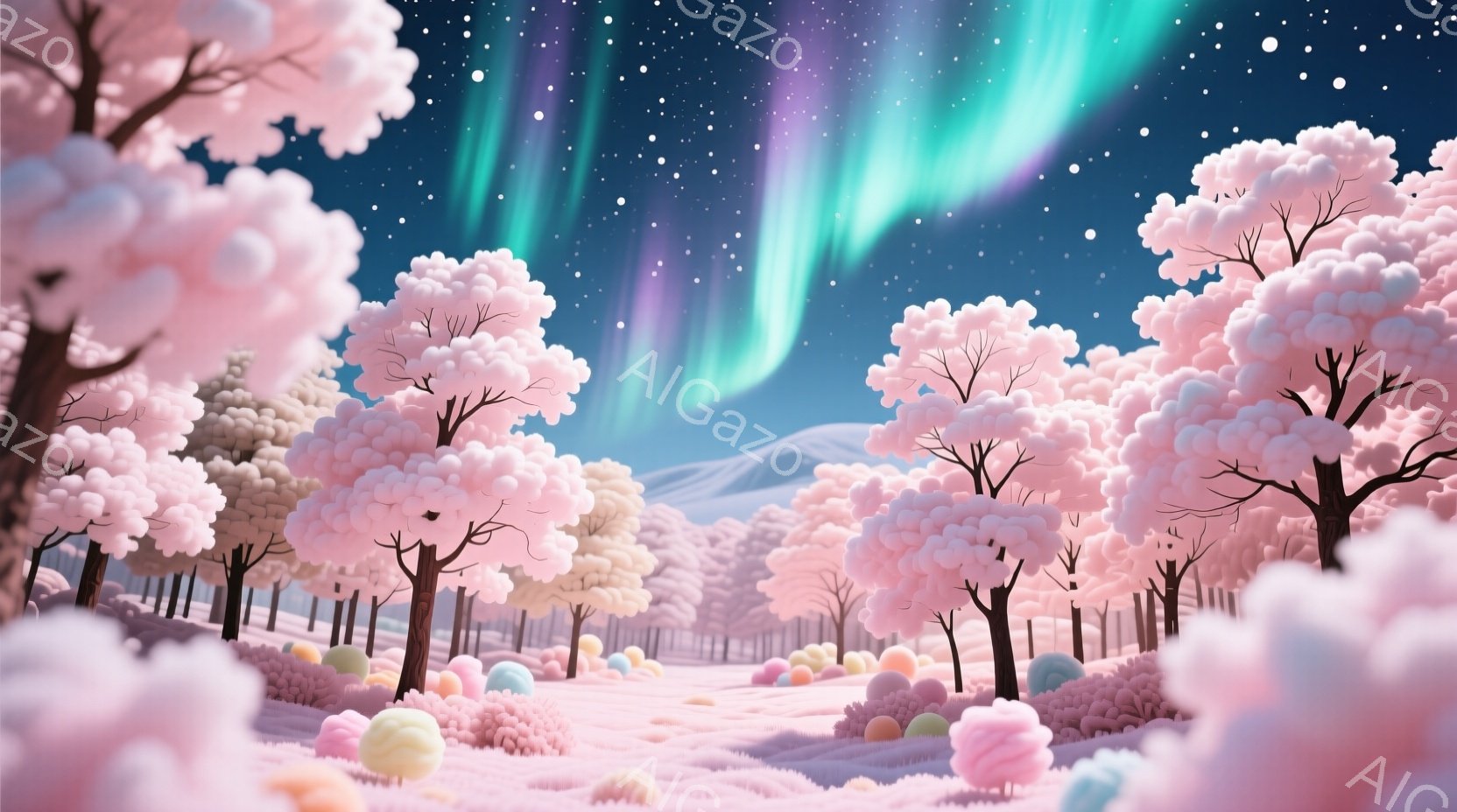 綿菓子のようなピンク色の丸い葉を持つ木々が、雪に覆われた風景の中に密集して生えている様子が描かれている。夜空にはオーロラが輝き、背景には遠くの山々がぼんやりと見える穏やかで幻想的な光景である。地面には - AI生成フリー素材