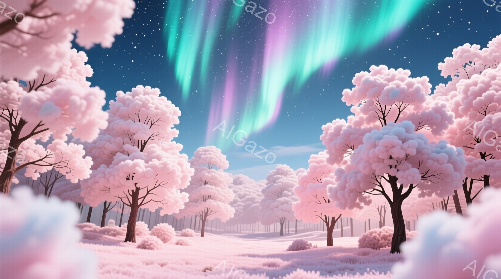 鮮やかなピンク色の木々が広がる雪景色が印象的な風景です。夜空にはオーロラが輝き、幻想的な雰囲気を醸し出しています。全体的に柔らかい色彩で、まるで夢の中にいるかのような穏やかな情景です。 - AI生成フリー素材