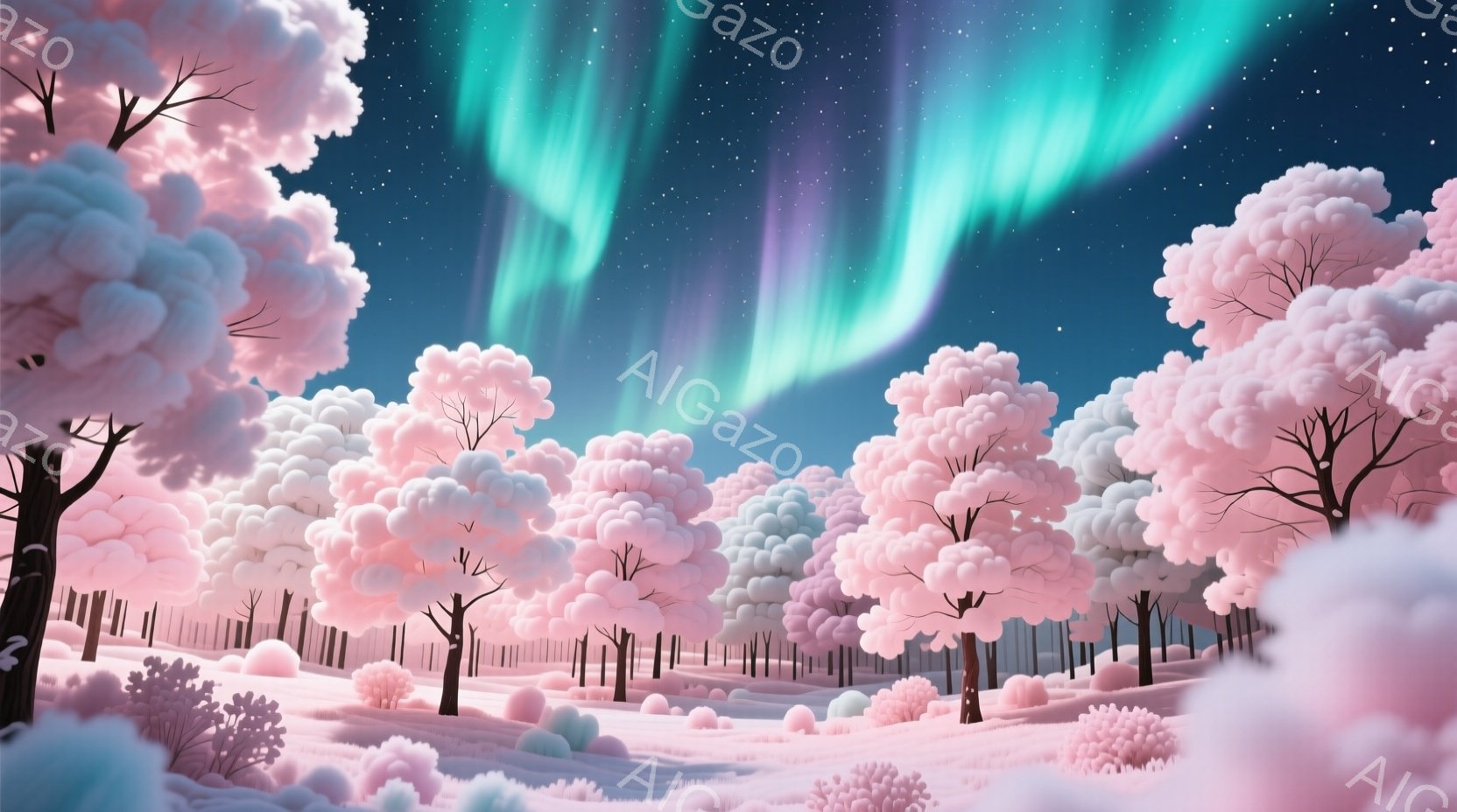 鮮やかなオーロラが、ピンク色の丸い樹木が生い茂る雪景色の中に広がっています。樹木は綿菓子のような形をしており、背景は夜空で、星々が散りばめられています。全体的に幻想的で、どこか温かい雰囲気が漂っています。