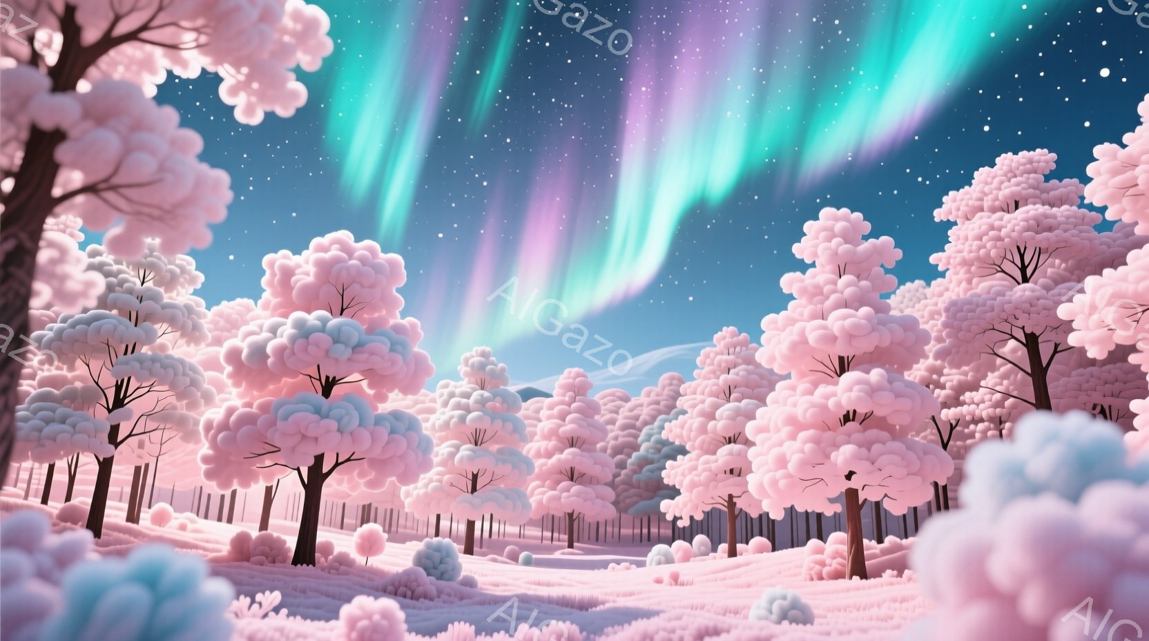 ピンク色のふわふわとした木々が密集した雪景色が広がっており、まるで綿菓子のような世界観を作り出しています。夜空にはオーロラが輝き、幻想的な雰囲気をさらに高めています。全体的に暖かく、穏やかで、夢のよう - AI生成フリー素材