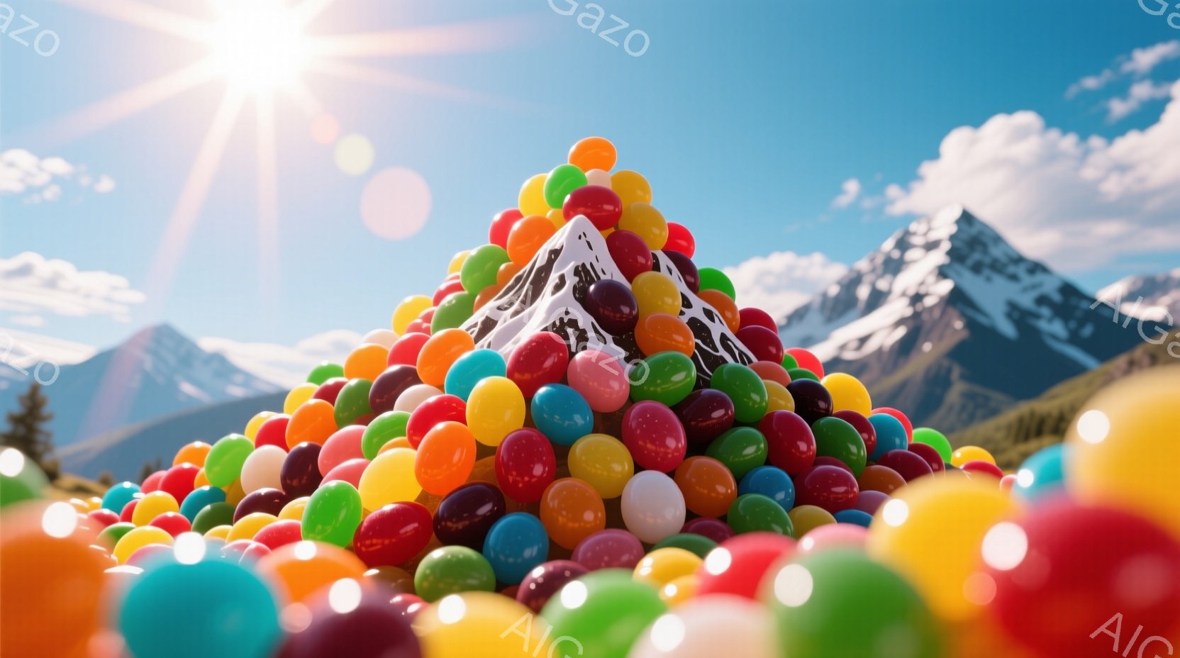 カラフルなジェリービーンズが山のように積み重なっており、頂上には雪が積もった山がそびえ立っています。背景には緑豊かな丘陵地帯と、雪をかぶった険しい山々が広がり、晴天の下、強い日差しが差し込んでいます。全体的に、遊び心があり、明るく、夢のような雰囲気です。