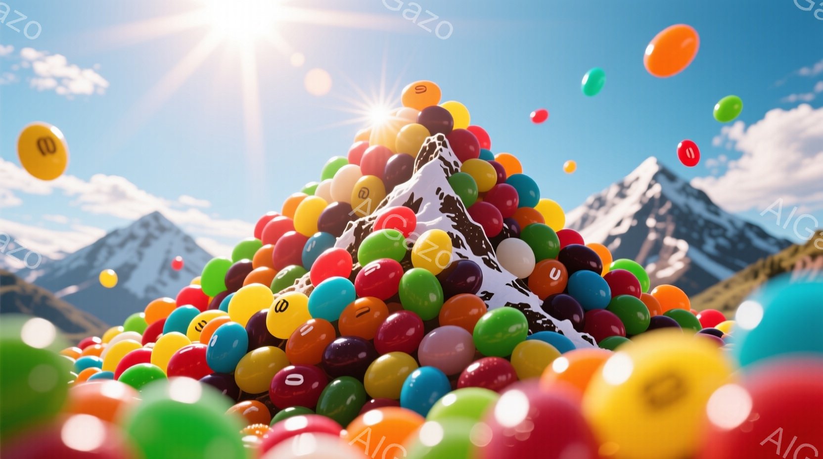 鮮やかな色のジェリービーンズが山のように積み重なっており、その背景には雪を頂いた山々が広がっています。空は晴れ、太陽の光が降り注ぎ、ジェリービーンズは光沢を帯びて見えます。全体的に、遊び心と明るさにあふれた、楽しい雰囲気が漂っています。