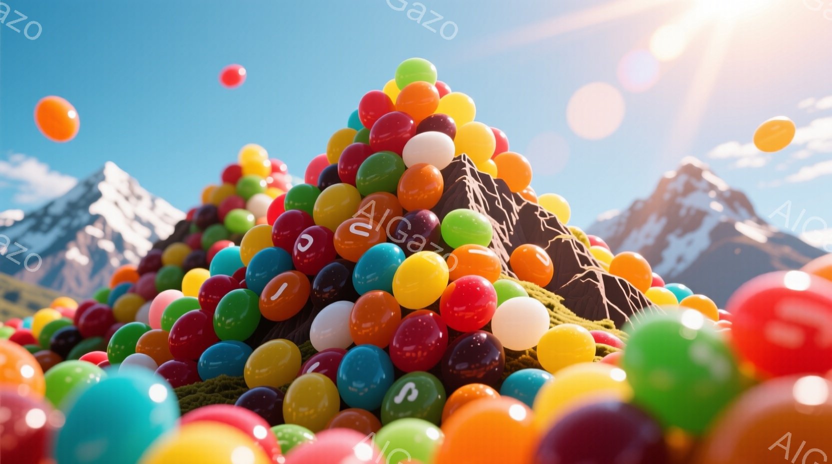 カラフルなキャンディ（スキットルズのような）が山のように積み重なり、緑の丘の上に広がっています。背景には雪をかぶった山々がそびえ立ち、晴天の下、強い太陽光が差し込んでいます。全体的に明るく、遊び心のあ - AI生成フリー素材