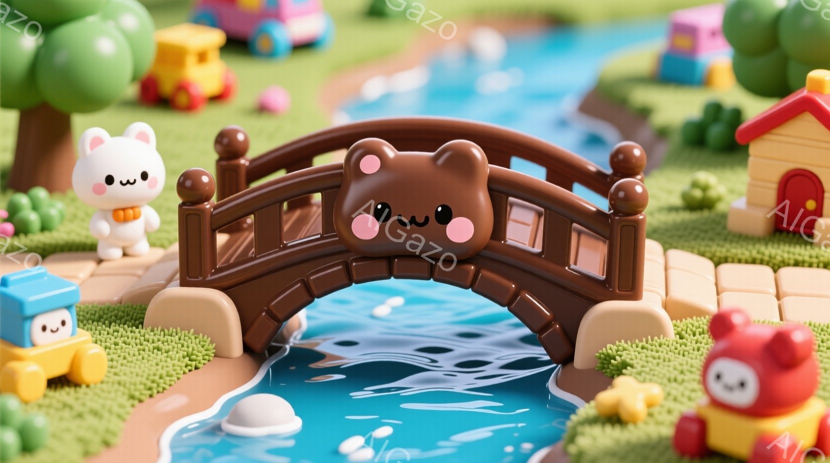 鮮やかな色使いのミニチュアの世界が広がっています。茶色のアーチ橋の下を水が流れ、可愛らしいキャラクターたちが草の上に並んでいます。キャラクターたちはそれぞれ異なる表情をしており、全体的に温かく、遊び心あふれる雰囲気が漂っています。