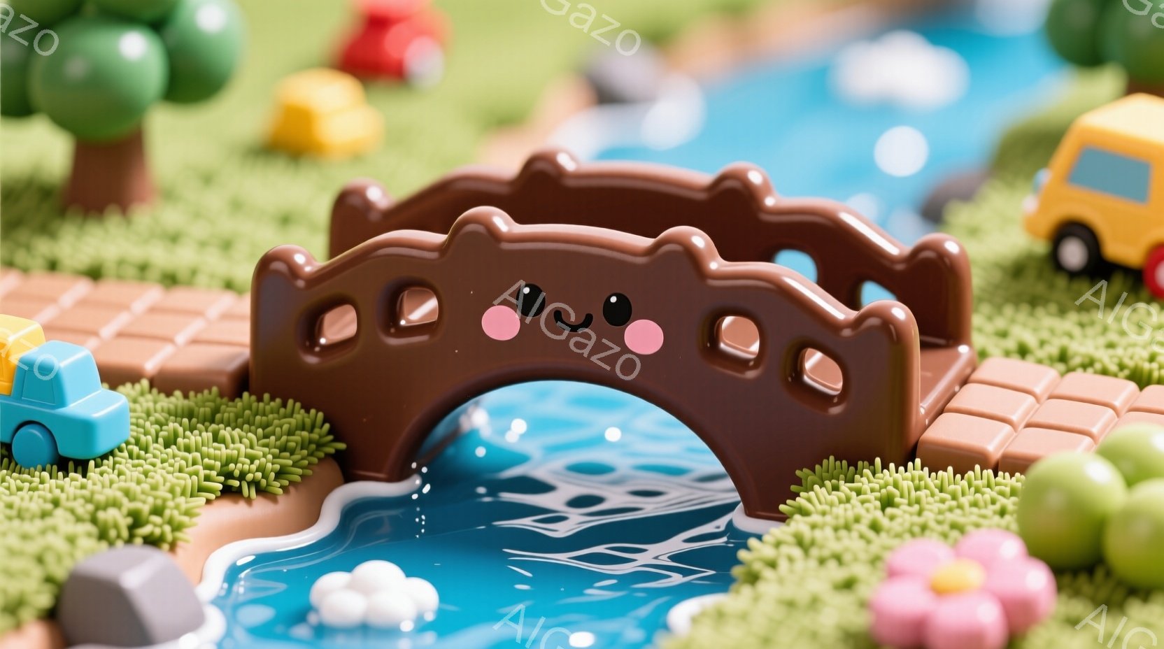 ミニチュアの風景を描いています。茶色のアーチ橋が青い水の流れをまたぎ、緑色の芝生と小さな花が周囲を彩っています。背景には、小さな車がいくつかあり、全体的に明るく、遊び心のある雰囲気が漂っています。 - AI生成フリー素材