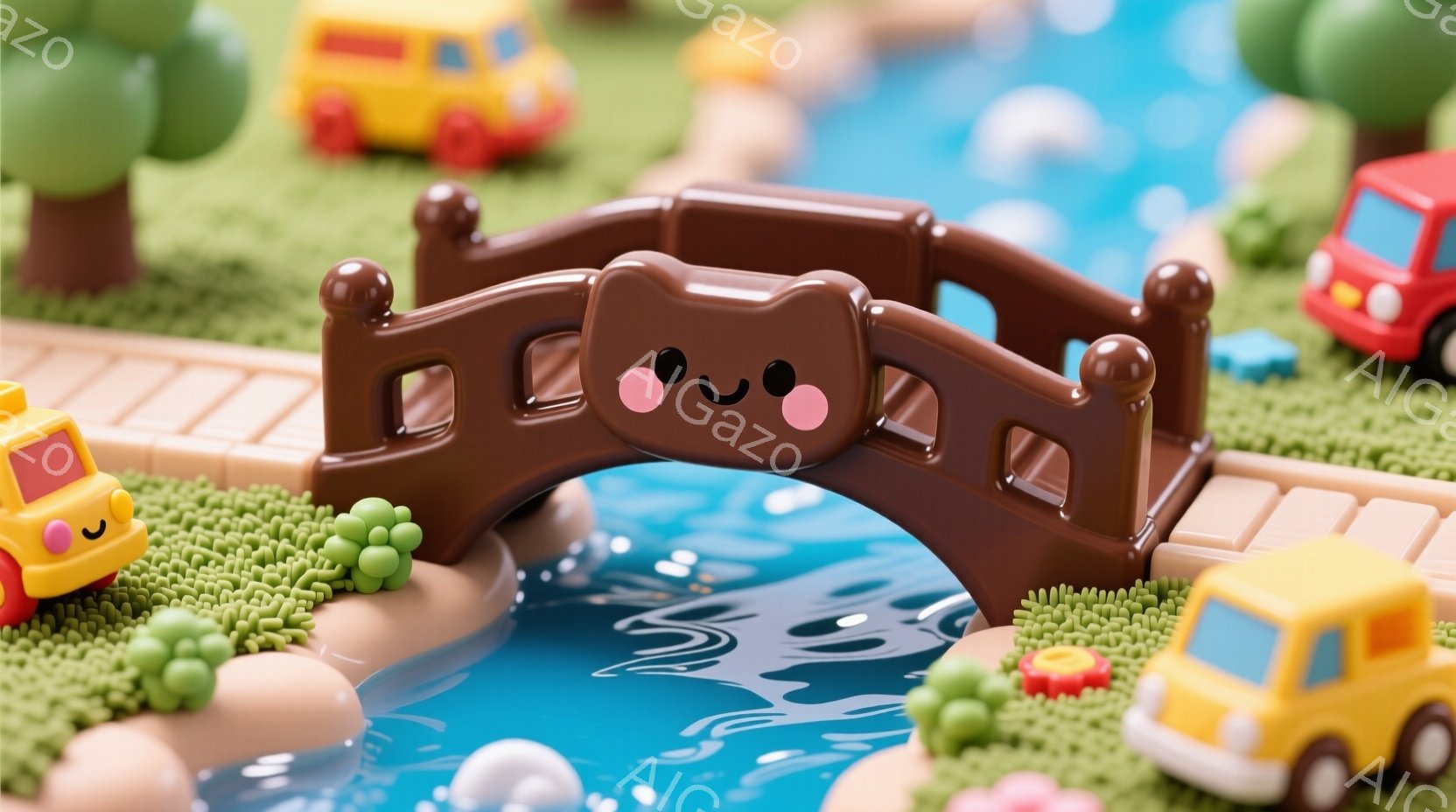 おもちゃの風景を描いています。茶色のアーチ状の橋が、青い水の流れの上に架かっており、周囲には緑の芝生や小さな木々、花々が配置されています。明るい色彩と可愛らしいデザインで、おとぎ話のような穏やかで楽しい雰囲気が漂っています。