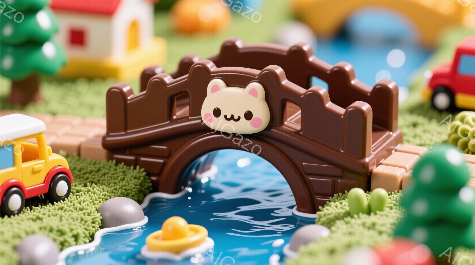 小さなプラスチック製のジオラマの中に、茶色の橋が青い水面にかかっています。橋の上には可愛らしいクマの顔のオブジェがあり、楽しそうな表情をしています。背景には、緑の芝生、小さな木々、カラフルな建物があり、明るく遊び心に満ちた雰囲気を作り出しています。