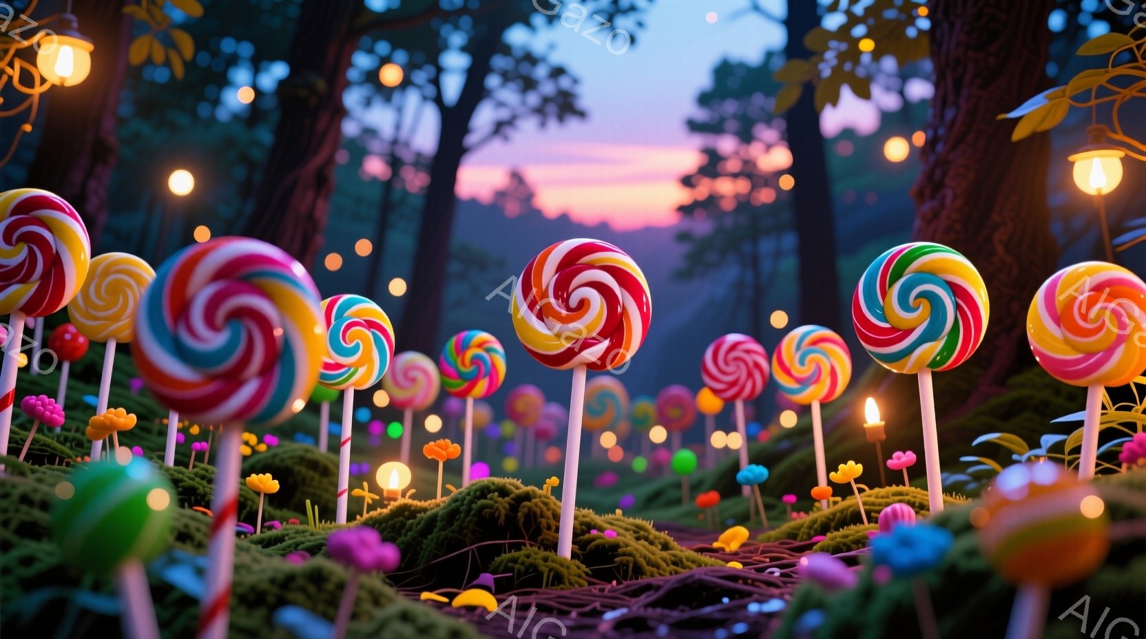 鮮やかな色彩の巨大なキャンディが、苔むした地面に生い茂る幻想的な森の風景です。背景には、薄暗い木々の間から夕焼けのような光が差し込み、小さな光の玉が浮遊しています。全体的に夢幻的で可愛らしい雰囲気を醸 - AI生成フリー素材