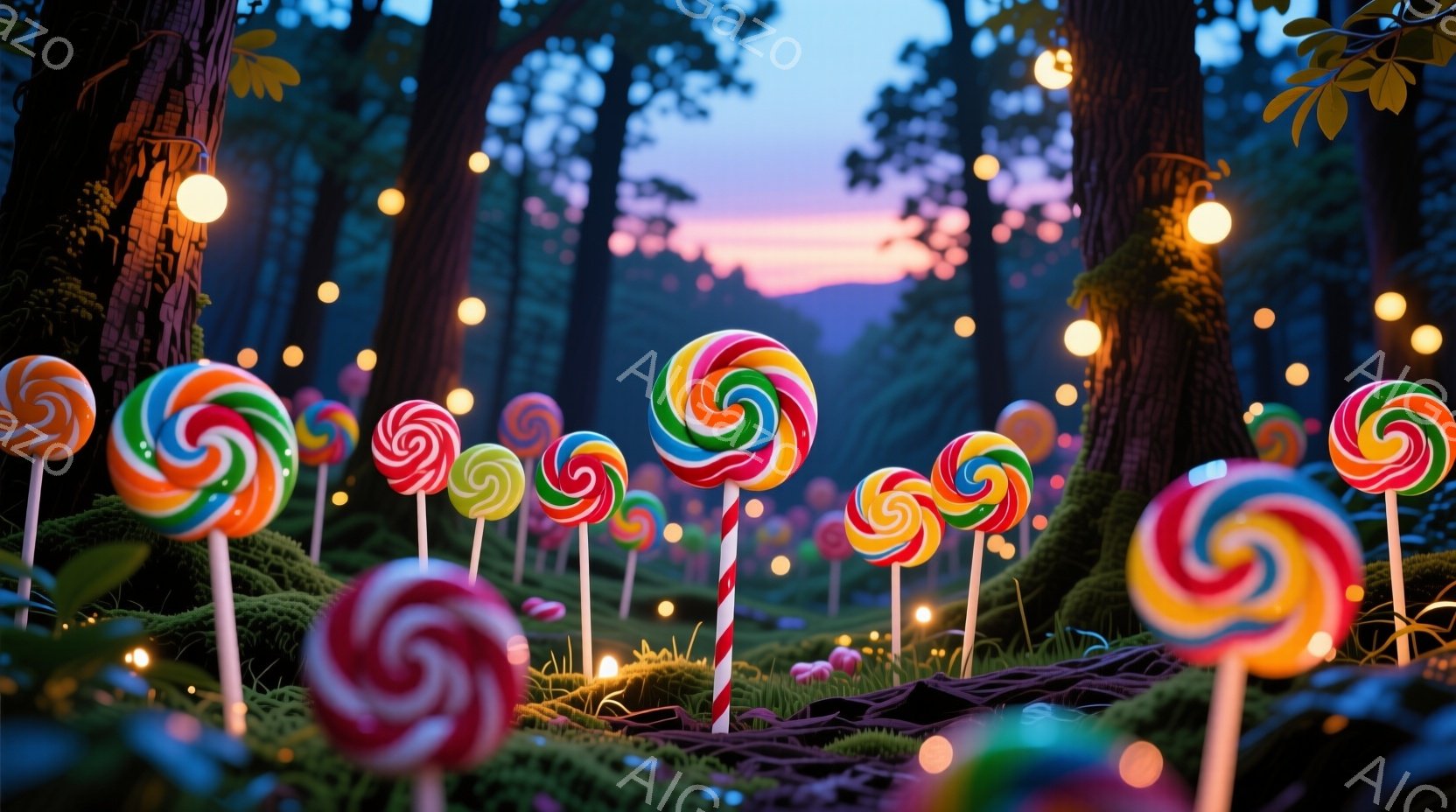 鮮やかな渦巻き模様のキャンディが、緑豊かな森の中に並んで咲き誇る様子が描かれています。背景には、夕焼け空と、ぼんやりとした木々が見え、幻想的な雰囲気を醸し出しています。地面には苔が生え、小さな光の粒子が舞い、まるで妖精の住む世界のような、夢幻的な光景です。