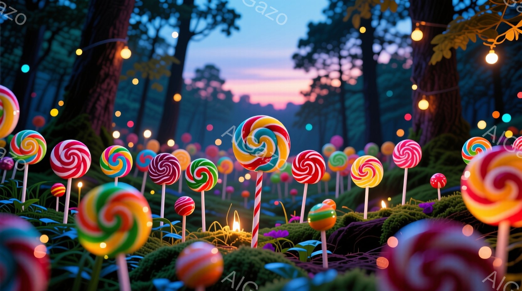 カラフルなキャンディが密集した森の風景が描かれている。背景には、夕焼け空と針葉樹林が広がり、地面には緑色の苔やキノコが生えている。全体的に、夢幻的でファンタジーのような、おとぎ話の世界を表現している。 - AI生成フリー素材