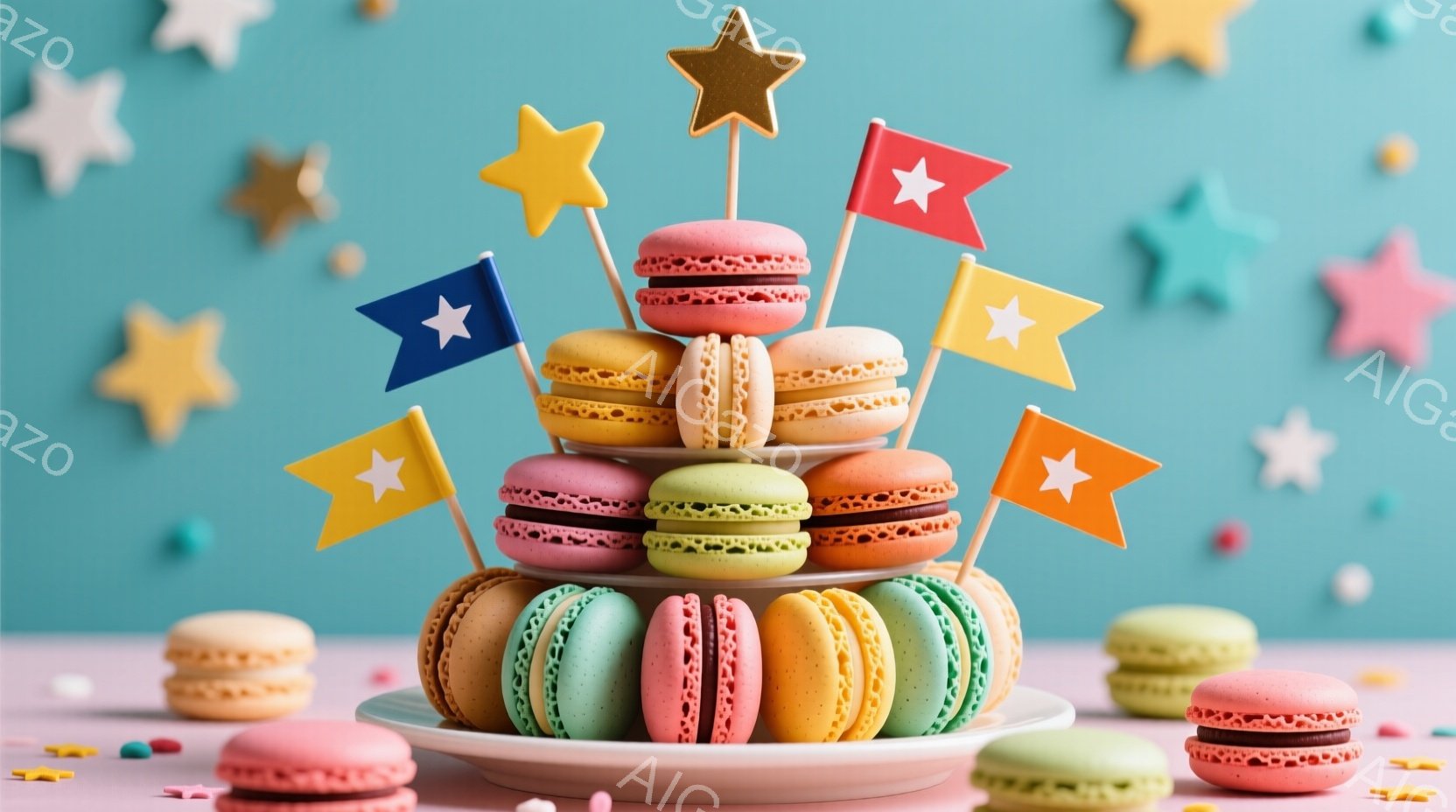 色とりどりのマカロンが、ピンク色の皿に積み上げられたタワーのようになっている。背景は水色で、様々な色の星の形をした紙片が散りばめられており、お祝いやパーティーの雰囲気を醸し出している。マカロンには小さな旗が飾られており、より一層華やかさを添えている。