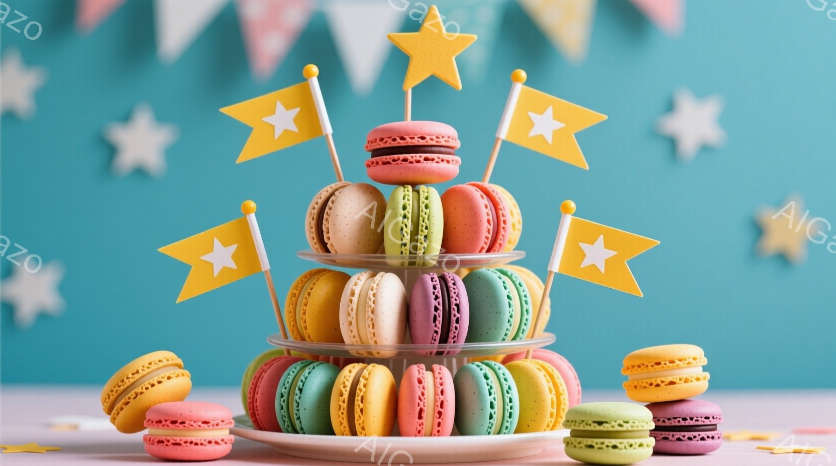 カラフルなマカロンが積み重ねられたケーキスタンドが画面中央に配置されています。背景は水色の壁で、白い星とピンクの旗が散りばめられており、お祝いムードを演出しています。マカロンはピンク、オレンジ、グリー - AI生成フリー素材