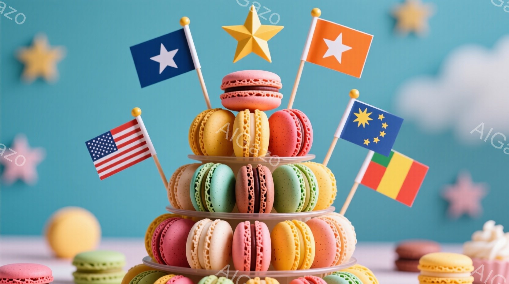 マカロンが積み重ねられたタワーが、水色の背景に映えています。タワーにはアメリカ、ベトナム、チリなどの国旗が飾られており、周りにはカラフルなマカロンやクリームの飾りが散りばめられています。全体的に明るく、お祝いムードを醸し出しています。