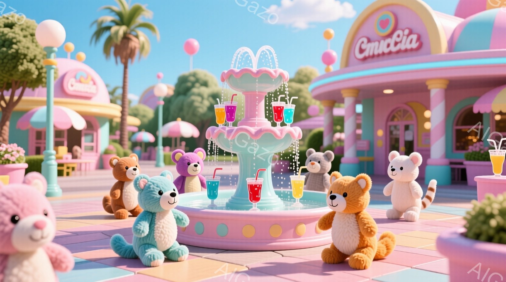 かわいいテディベアたちがピンク色の噴水とカラフルな飲み物を取り囲んでいます。背景にはパステルカラーの建物やヤシの木が見え、まるで夢のような遊園地のような雰囲気です。全体的に明るく、楽しげで、少しファン - AI生成フリー素材