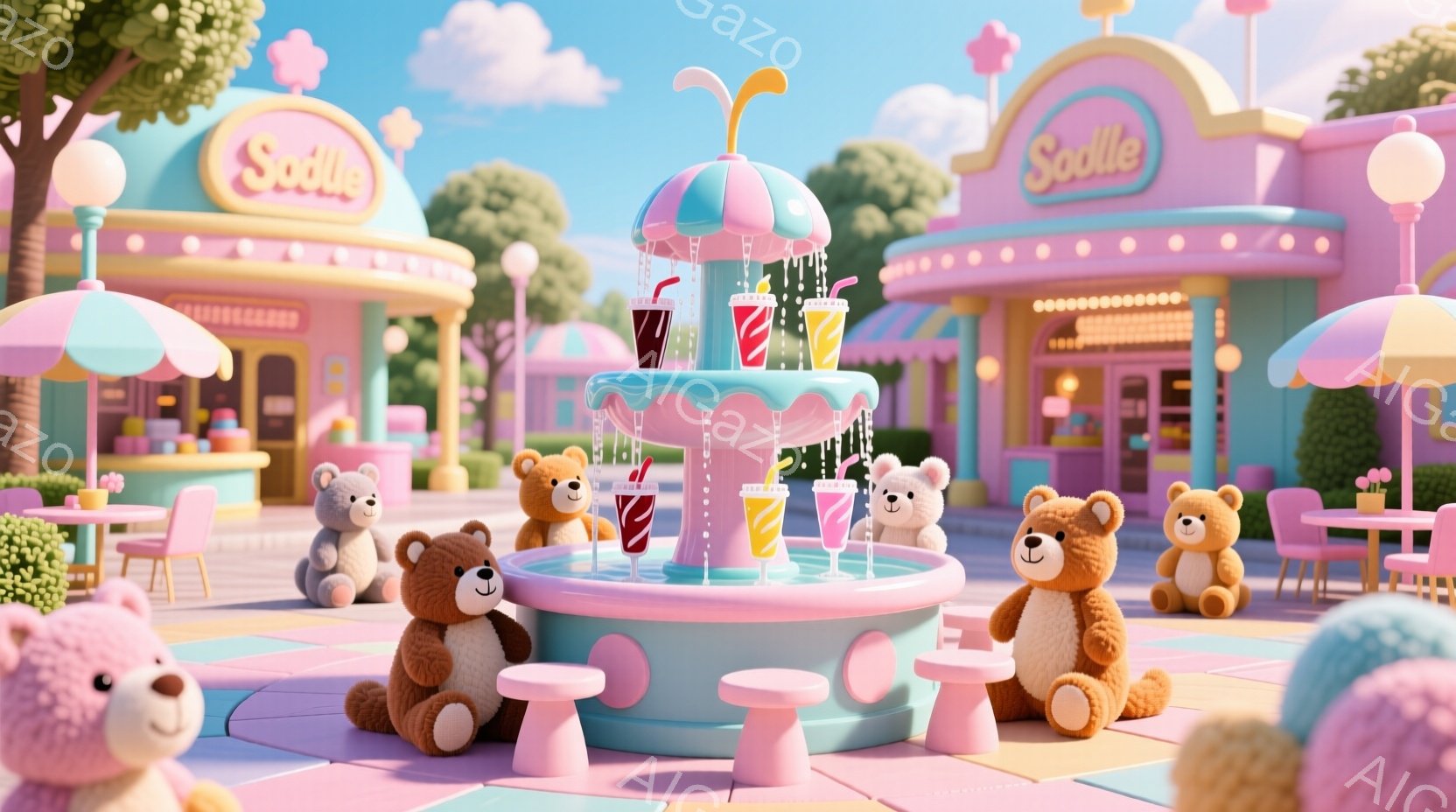 明るいピンクと水色のパステルカラーが支配した、まるで夢のようなカフェの風景です。テディベアたちが、クリーム色の帽子をかぶり、ピンク色の小さなスツールやテーブルを囲み、まるでパーティーを開いているかのよ - AI生成フリー素材