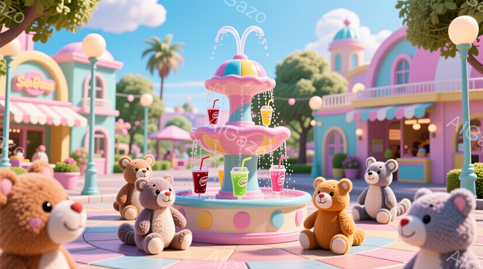 鮮やかなパステルカラーの遊園地を舞台に、可愛らしいテディベアたちが噴水の周りに集まっています。噴水からは様々な色のドリンクが流れ出し、ベアたちは楽しげな表情でそれを見つめています。背景には、カラフルな - AI生成フリー素材