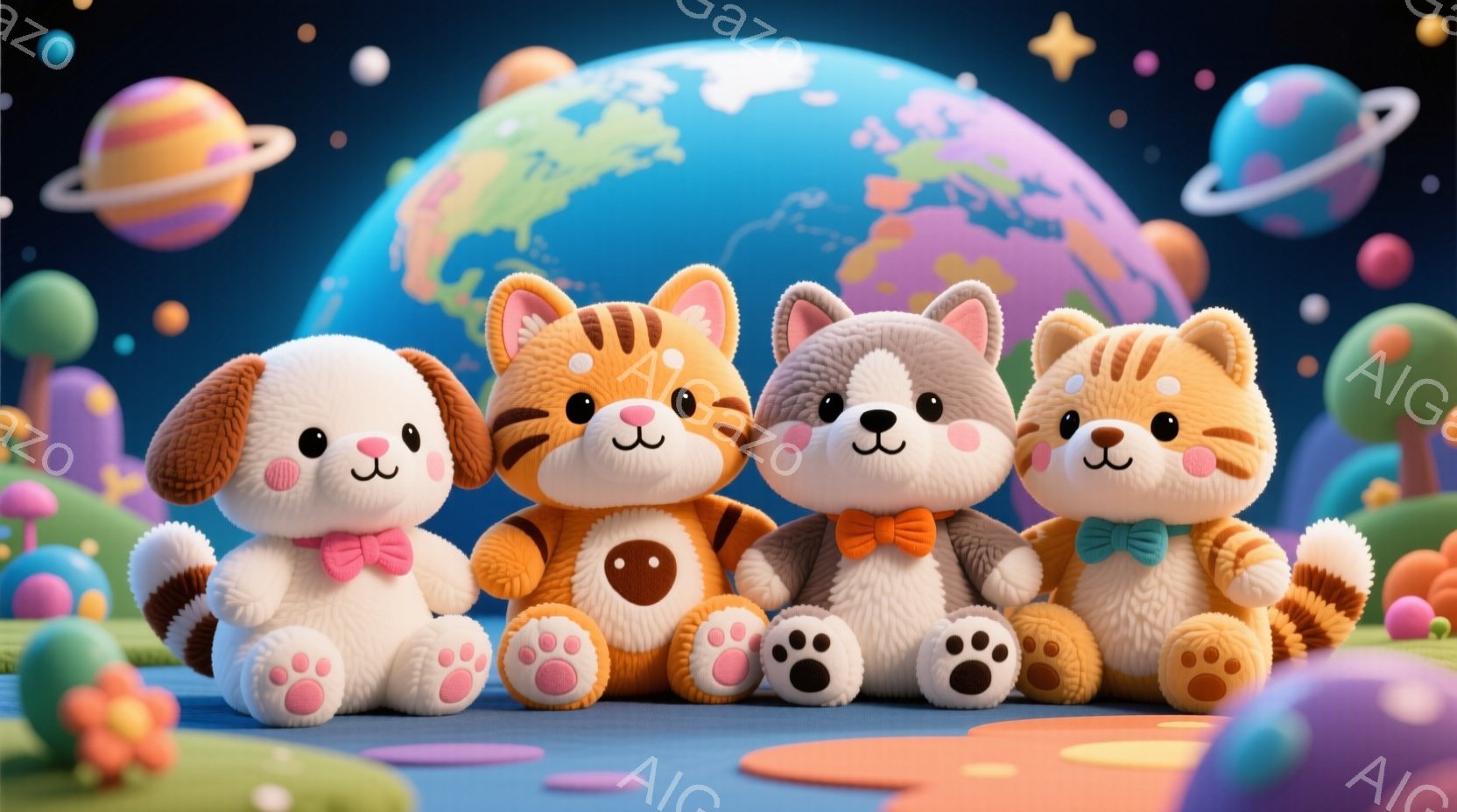 カラフルな背景を前に、かわいらしい動物たちが一列に並んでいます。それぞれの動物は、首に小さなリボンをつけており、愛らしい表情をしています。背景には、丸い形をしたカラフルな植物や惑星が浮かび、ファンタジ - AI生成フリー素材