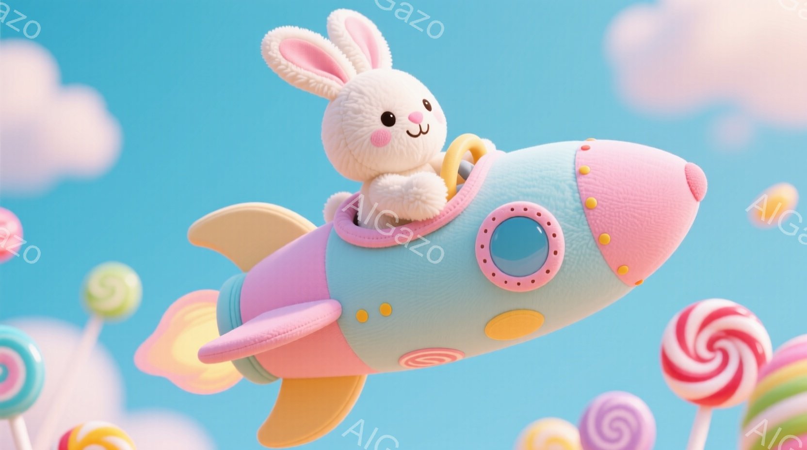 白くてふわふわのウサギが、ピンク色のロケットに乗って空を飛んでいます。ウサギはピンクのバイザーとスカーフを身に着け、嬉しそうな表情で前を見つめています。背景にはキャンディや雲が浮かび、夢のようなファン - AI生成フリー素材