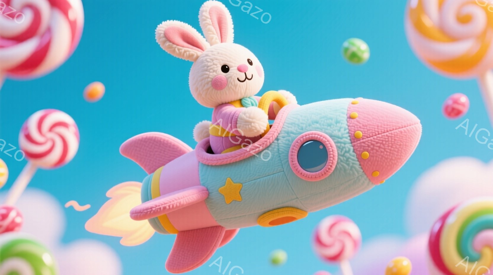 ふわふわの白いウサギが、ピンク色のロケットに乗って空を飛んでいます。ウサギは赤いセーターを着ており、満面の笑みを浮かべています。背景にはカラフルなキャンディや雲が浮かび、夢のような、楽しい雰囲気が漂っ - AI生成フリー素材