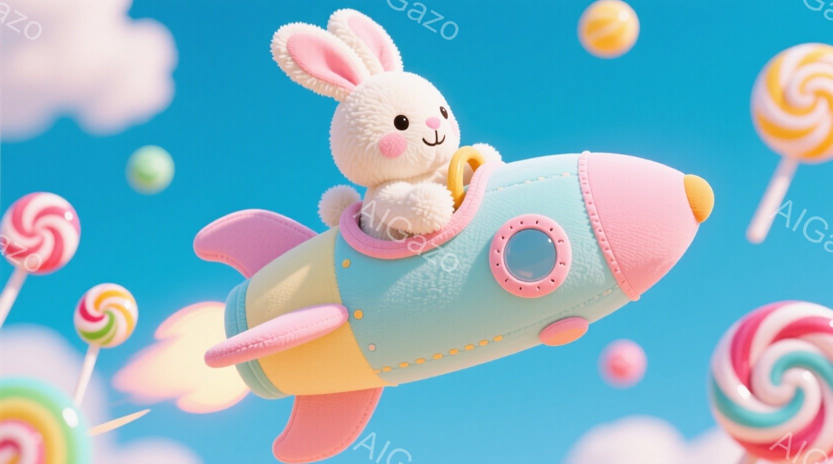 白くてふわふわのウサギが、淡い水色のロケットに乗って空を飛んでいます。ウサギはピンク色の可愛らしい帽子をかぶり、嬉しそうな笑顔を浮かべています。背景にはパステルカラーのキャンディや雲が浮かび、夢のよう - AI生成フリー素材