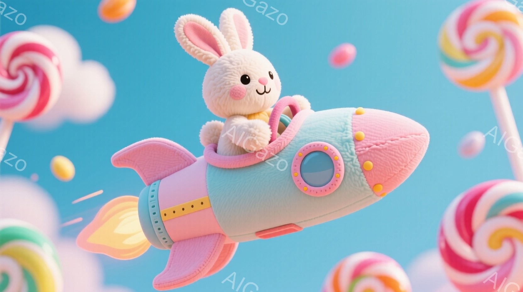 白いふわふわのウサギが、ピンク色のロケットに乗って空を飛んでいる様子が描かれています。ウサギは赤いスカーフを巻き、嬉しそうな表情で前方を向いています。背景にはキャンディーやカラフルな丸いオブジェクトが - AI生成フリー素材