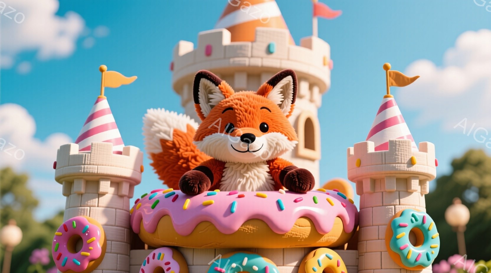 明るい空の下、クリーム色の城壁の上に大きなピンク色のドーナツがあり、その上にふわふわのオレンジ色の狐が座っています。狐は嬉しそうな表情で、まっすぐ前を見ており、周りには様々な色のドーナツが散りばめられ - AI生成フリー素材