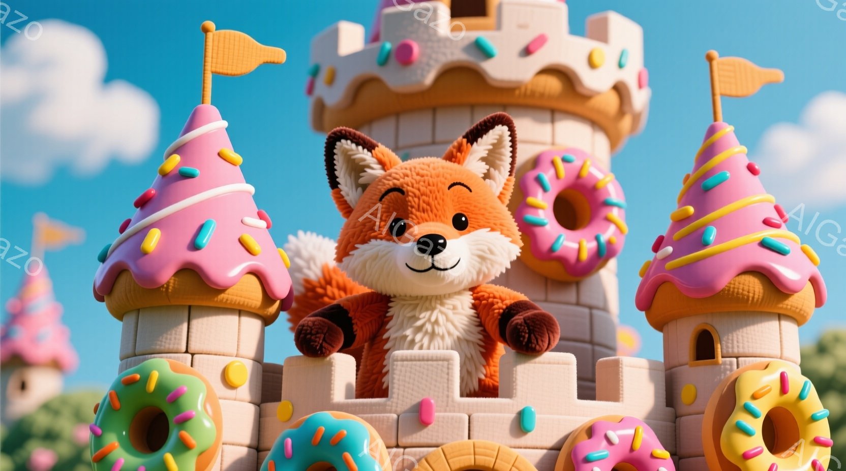 明るい青空の下、ドーナツで飾られたお城の上に、ふわふわのオレンジ色の狐が座っています。狐は嬉しそうな表情で、丸い耳とふさふさの尻尾が特徴的です。お城はカラフルで可愛らしく、背景には緑の芝生が広がってお - AI生成フリー素材