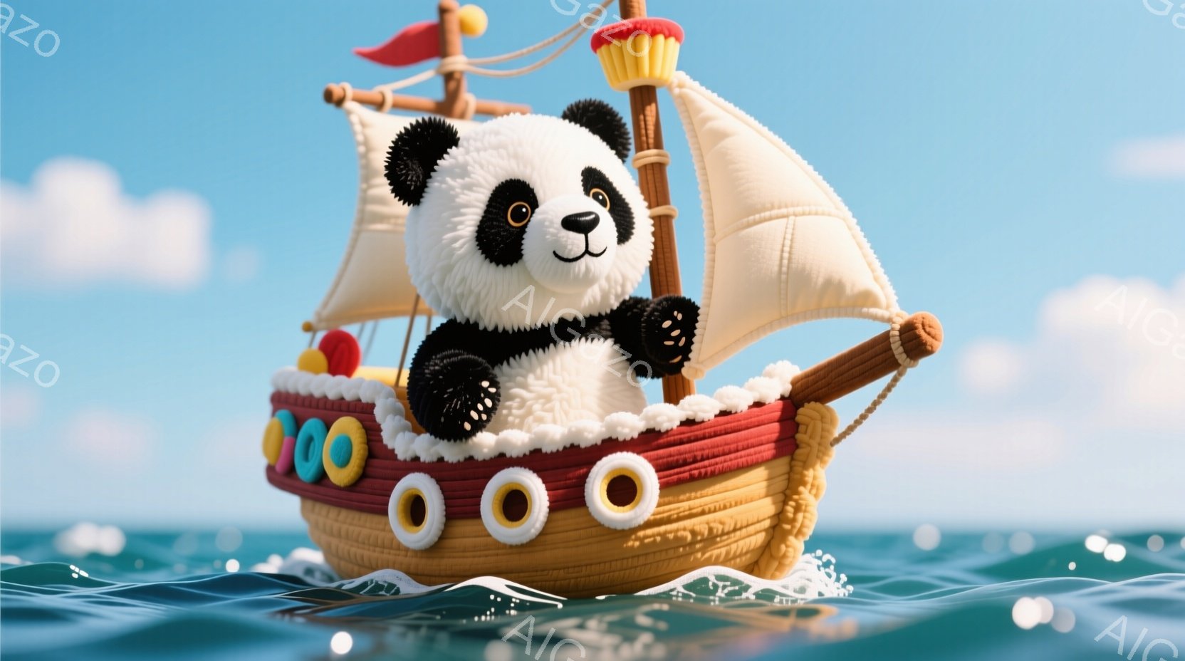 パンダが小さなボートに乗って海を航海しています。パンダは片手を上げており、楽しそうな表情をしています。背景には青い空と穏やかな波が見え、全体的に明るく陽気な雰囲気です。 - AI生成フリー素材