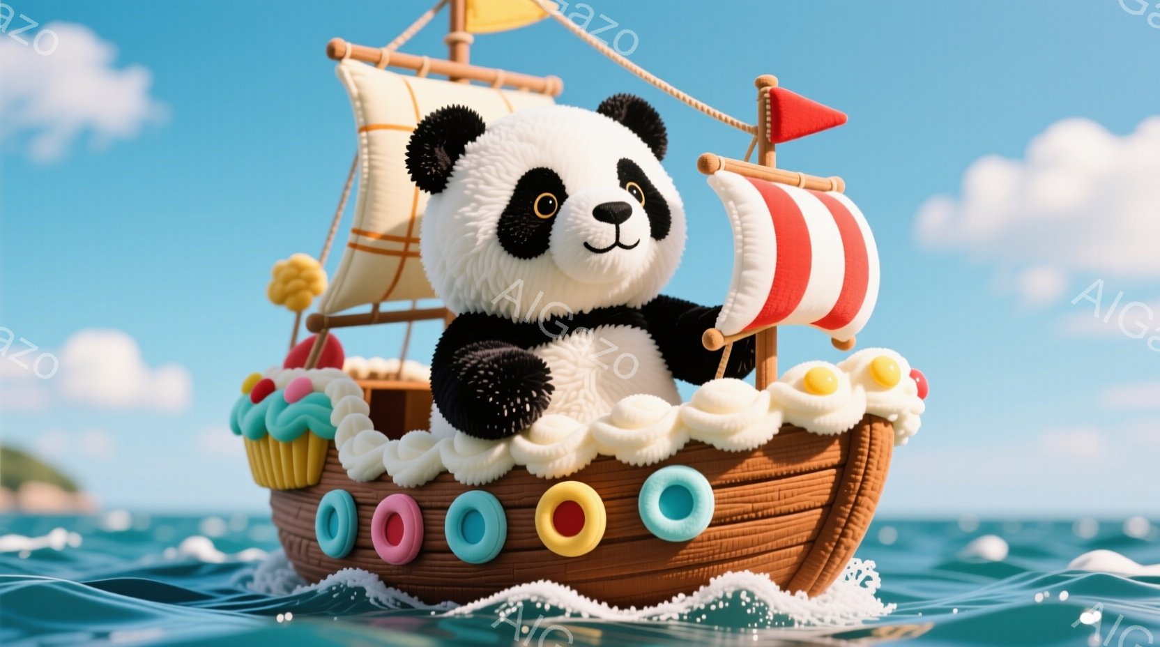 パンダが、お菓子で飾られた小さなボートに乗って海を航海しています。ボートの縁にはクリームやカラフルなキャンディーが飾られ、波の上を滑るように進んでいます。背景には穏やかな青い海と、遠くに見える緑の島が - AI生成フリー素材