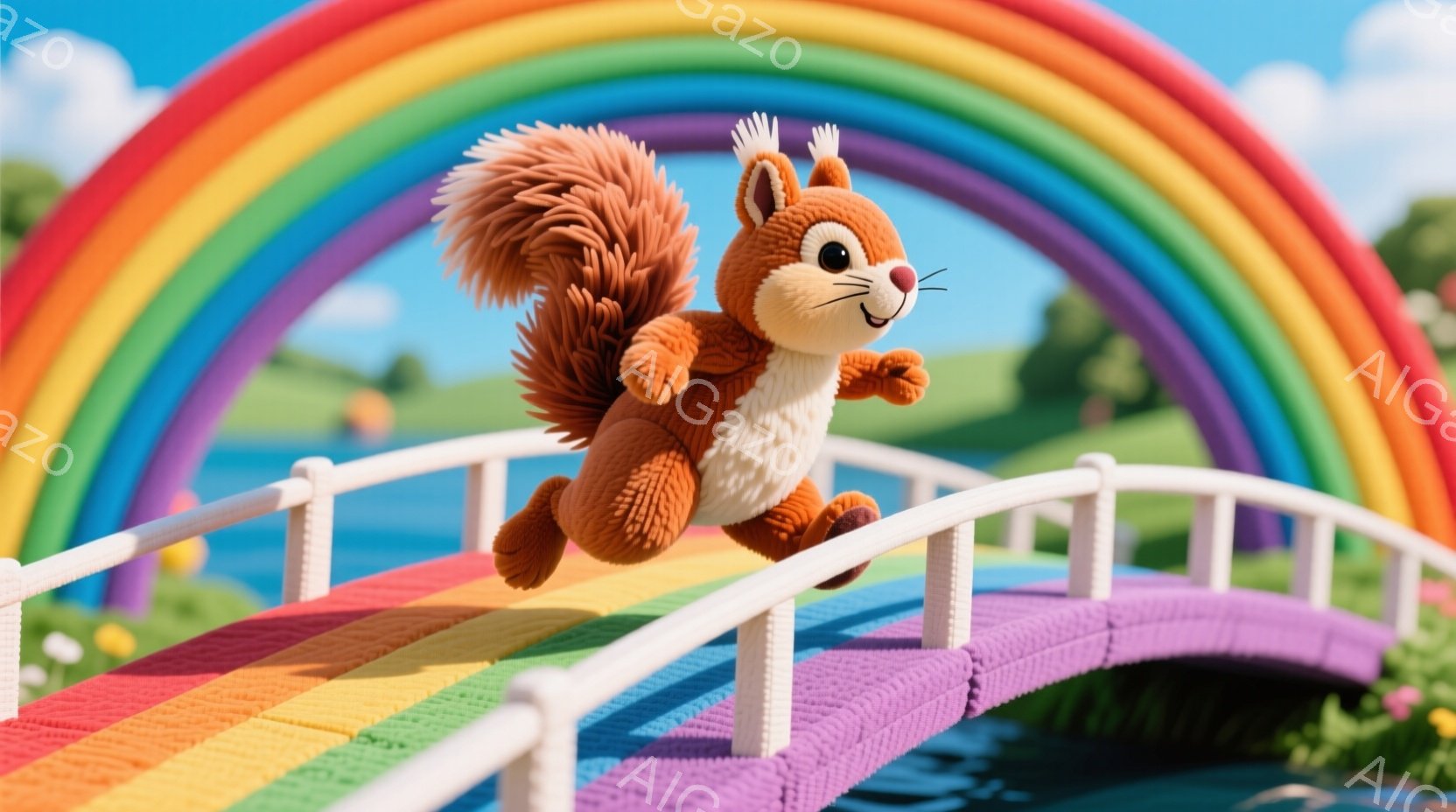 明るい虹色の橋の上を、ふわふわのオレンジ色のリスが飛び跳ねています。リスは白いお腹と胸、そしてふさふさとした茶色の尻尾が特徴で、嬉しそうな表情をしています。背景には青い水面と緑の草地が広がり、晴れた空 - AI生成フリー素材