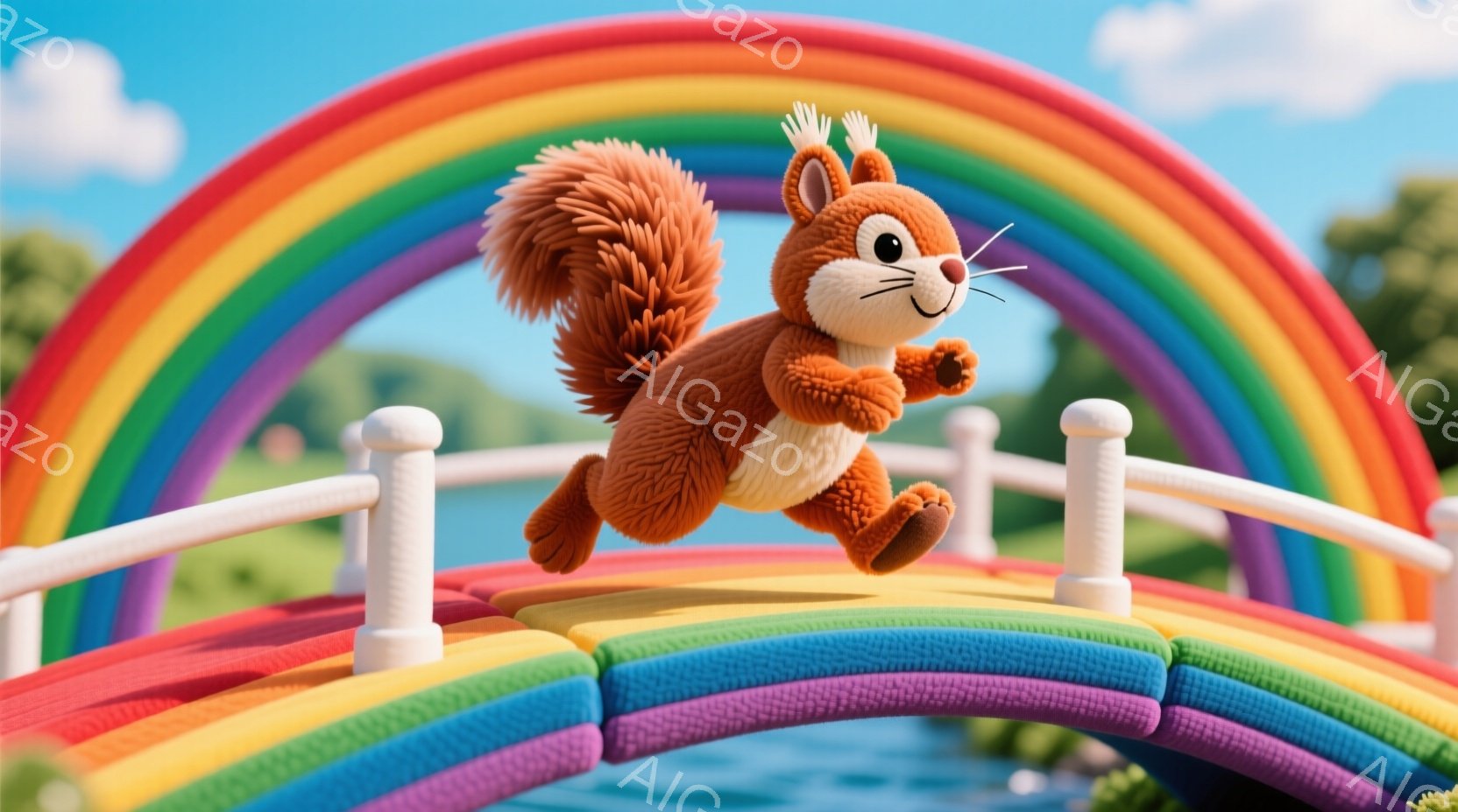 明るい虹のアーチを背景に、リスが小さな橋の上を元気に飛び跳ねています。リスはオレンジ色の毛並みで、ふさふさとした尻尾が特徴的で、楽しそうな表情をしています。背景には緑豊かな風景と穏やかな水面が広がり、全体的に陽気で遊び心のある雰囲気が漂っています。