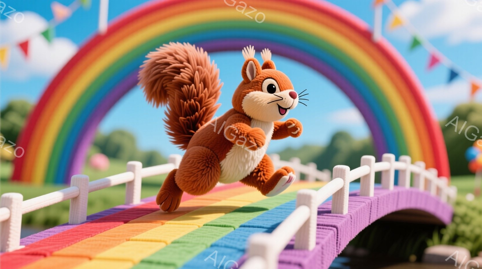 明るい虹色の橋の上を、可愛らしいリスが勢いよく駆け抜けている。リスはオレンジ色の毛並みで、大きなふさふさとした尾を持ち、嬉しそうな表情を浮かべている。背景には緑の草地と、カラフルな旗が飾られた青空が広がり、全体的に陽気で楽しい雰囲気が漂っている。