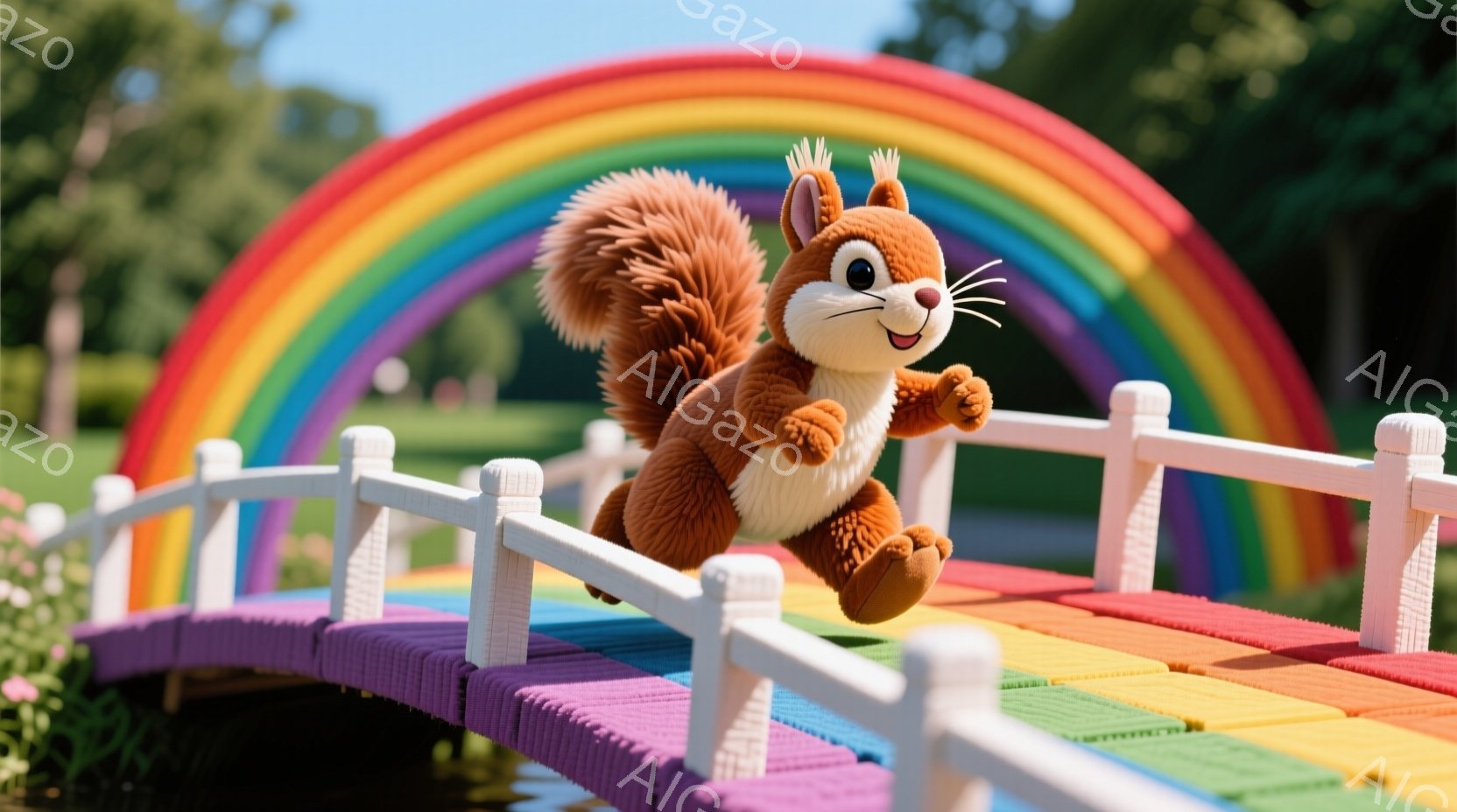 鮮やかな虹色の橋を、ふわふわの茶色のリスが元気よく駆け抜けています。リスは嬉しそうな表情で、ふわふわの尻尾が特徴的です。背景には緑豊かな自然が広がり、晴天の下、明るく楽しい雰囲気が漂っています。