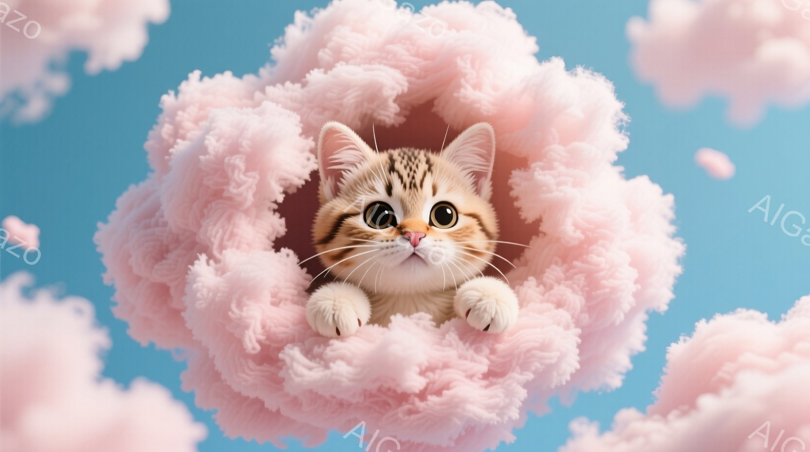 明るい青空の中に、ふわふわとしたピンク色の雲が浮かび、その雲の中に子猫が顔を出しています。子猫はクリーム色の毛並みで、大きな瞳と小さな鼻が可愛らしく、まるで綿菓子のような雲から顔を覗かせているような印象です。全体的に柔らかく、夢のような雰囲気が漂っています。
