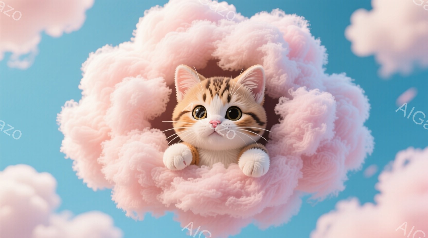 白地に茶色の縞模様の小さな子猫が、ふわふわとしたピンク色の雲の中に顔を出しています。子猫は前足を雲の縁にかけ、丸い目で好奇心旺盛な表情をしています。背景は明るい青空で、他の小さなピンク色の雲が点在しており、全体的に夢のような、甘い雰囲気が漂っています。